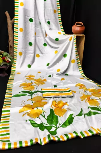 White printed satin saree with blouse