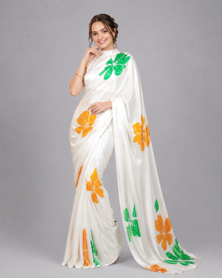 White printed satin saree with blouse 1