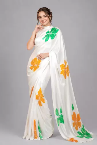 White printed satin saree with blouse