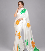 White printed satin saree with blouse