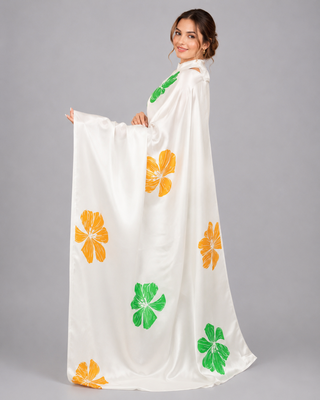 White printed satin saree with blouse 2