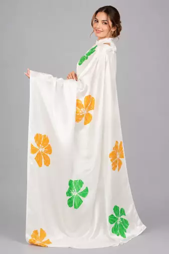 White printed satin saree with blouse