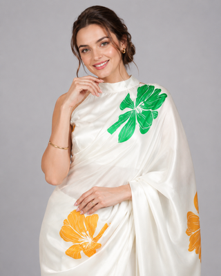 White printed satin saree with blouse 3