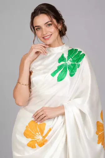 White printed satin saree with blouse