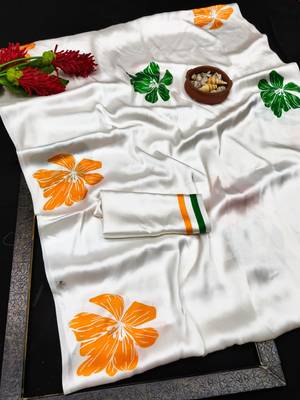 White printed satin saree with blouse 4