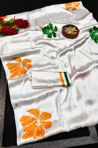 White printed satin saree with blouse