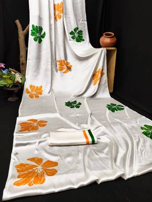White printed satin saree with blouse 5