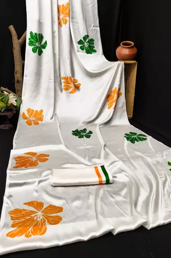 White printed satin saree with blouse