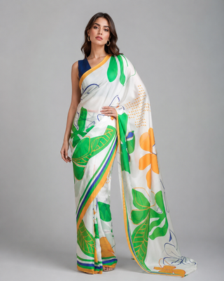 White printed satin saree with blouse 1