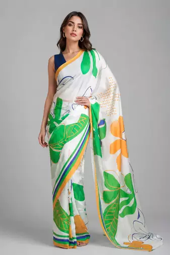 White printed satin saree with blouse