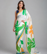 White printed satin saree with blouse