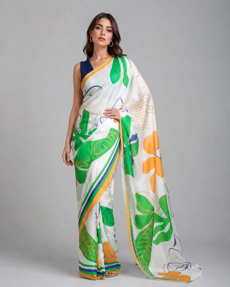 White printed satin saree with blouse