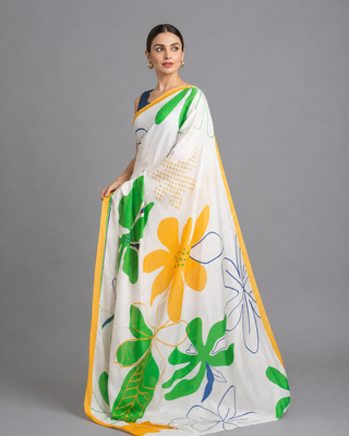 White printed satin saree with blouse 2