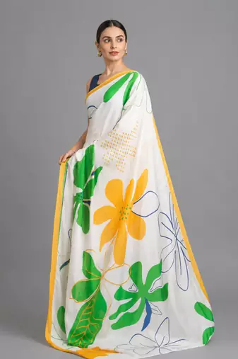 White printed satin saree with blouse