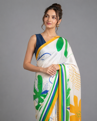 White printed satin saree with blouse 3