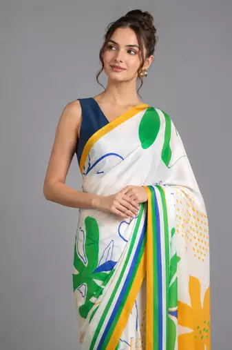 White printed satin saree with blouse