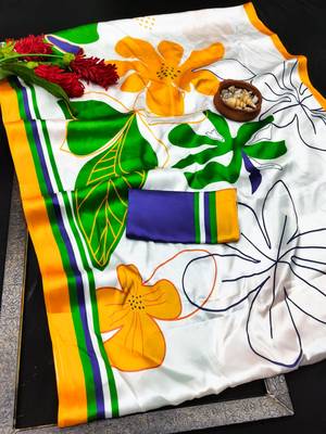 White printed satin saree with blouse 4