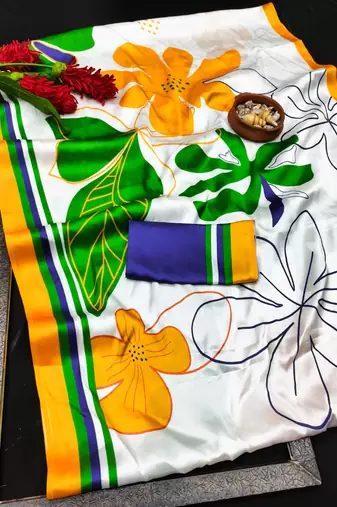 White printed satin saree with blouse