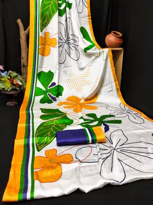White printed satin saree with blouse 5