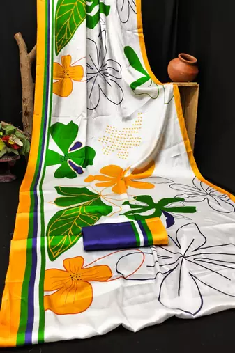 White printed satin saree with blouse