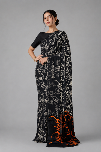 Black printed satin saree with blouse