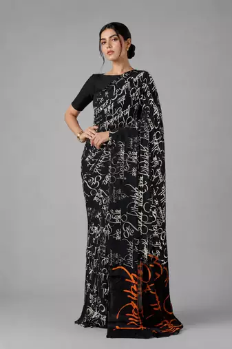 Black printed satin saree with blouse