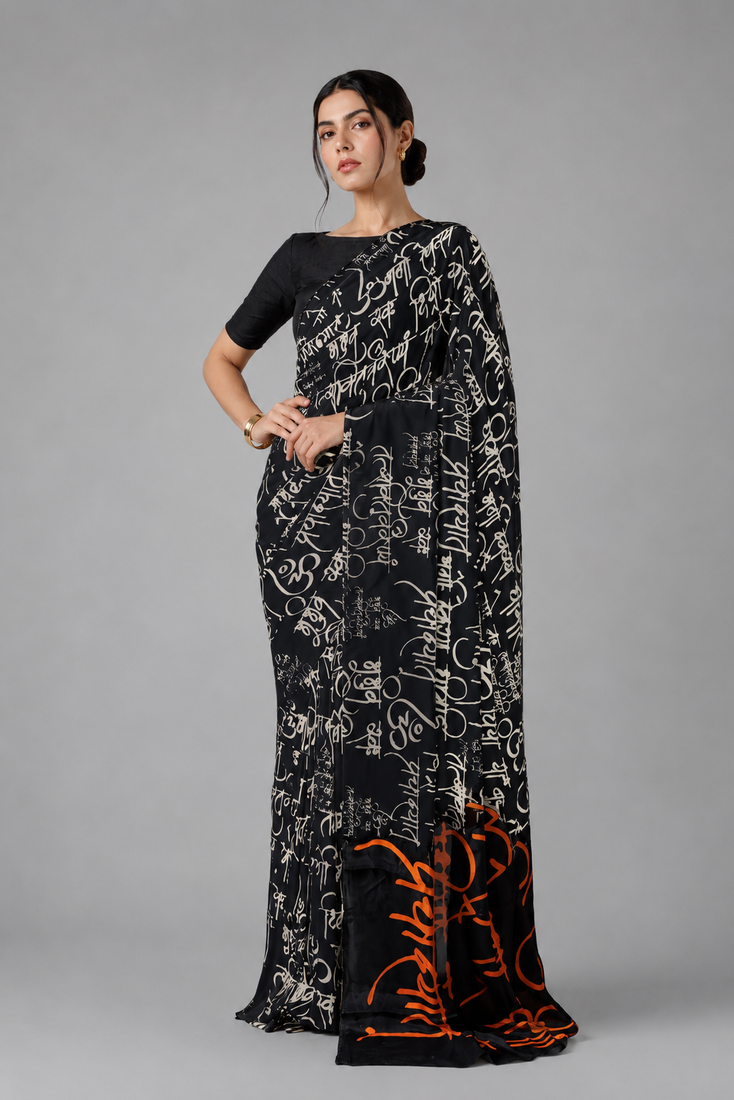 Black printed satin saree with blouse