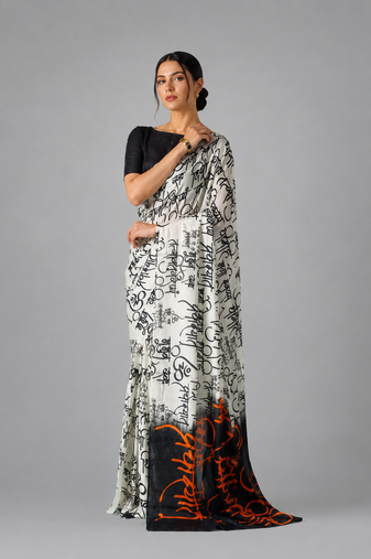 White printed satin saree with blouse