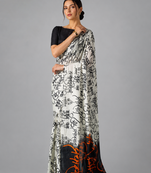 White printed satin saree with blouse