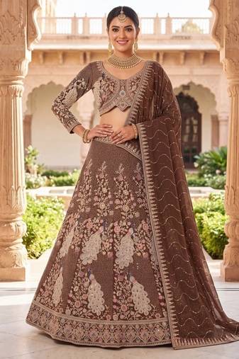 Warm brown n coffee colour Designer Ethnic Lehengha Choli with Intricate Peacock Threadwork