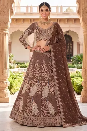 Warm brown n coffee colour Designer Ethnic Lehengha Choli with Intricate Peacock Threadwork