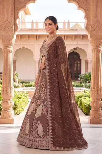 Warm brown n coffee colour Designer Ethnic Lehengha Choli with Intricate Peacock Threadwork
