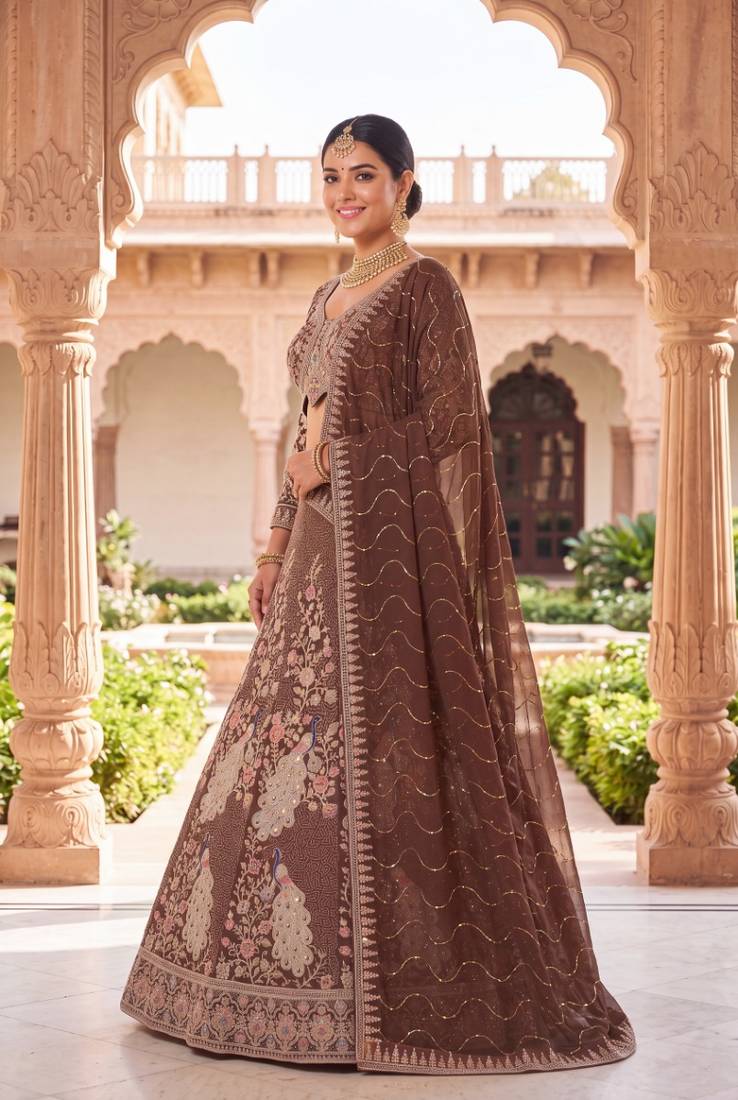 Warm brown n coffee colour Designer Ethnic Lehengha Choli with Intricate Peacock Threadwork