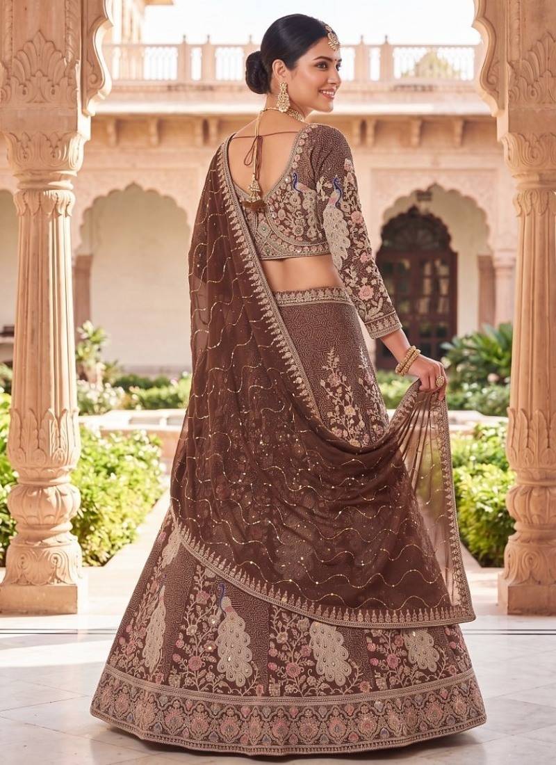 Warm brown n coffee colour Designer Ethnic Lehengha Choli with Intricate Peacock Threadwork