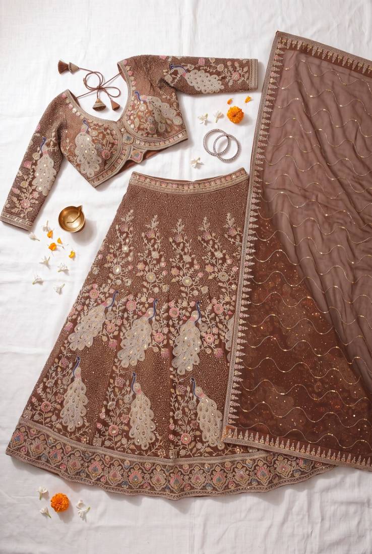 Warm brown n coffee colour Designer Ethnic Lehengha Choli with Intricate Peacock Threadwork