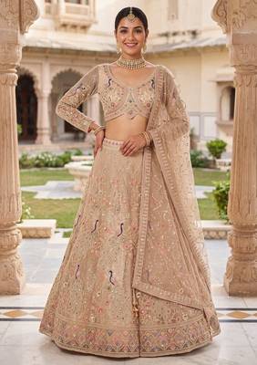 Floral Patterned Net Lehenga Set in Beige with Embellished Blouse and Dupatta with light gold 1