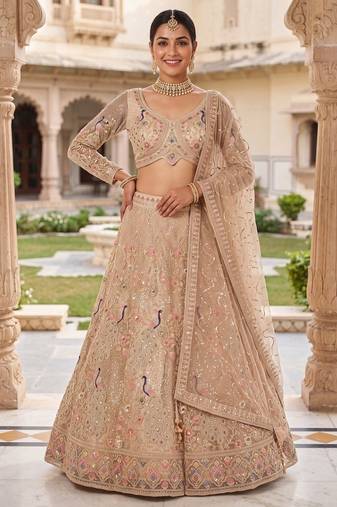 Elegant Floral Patterned Net Lehenga Set in Beige with Embellished Blouse and Dupatta with light gold colour.