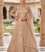Floral Patterned Net Lehenga Set in Beige with Embellished Blouse and Dupatta with light gold