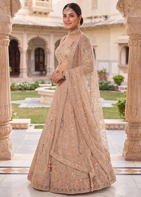 Floral Patterned Net Lehenga Set in Beige with Embellished Blouse and Dupatta with light gold 2