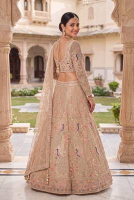 Floral Patterned Net Lehenga Set in Beige with Embellished Blouse and Dupatta with light gold 3
