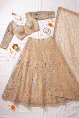 Floral Patterned Net Lehenga Set in Beige with Embellished Blouse and Dupatta with light gold 4