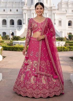 Premium Fuchsia Pink Embroidered Lehenga Choli with Zari Work and Net Dupatta – Elegant Wedding & Festive Ethnic Wear 1