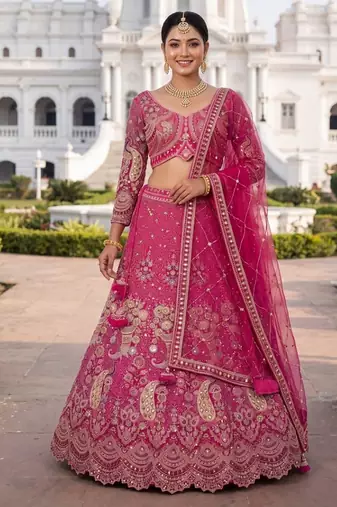 Premium Fuchsia Pink Embroidered Lehenga Choli with Zari Work and Net Dupatta – Elegant Wedding & Festive Ethnic Wear