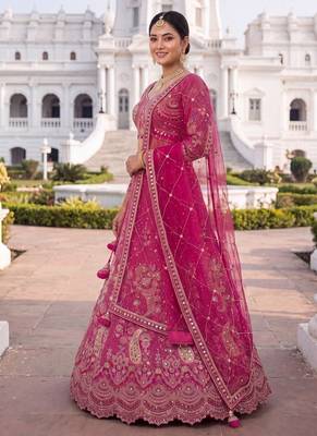 Premium Fuchsia Pink Embroidered Lehenga Choli with Zari Work and Net Dupatta – Elegant Wedding & Festive Ethnic Wear 2