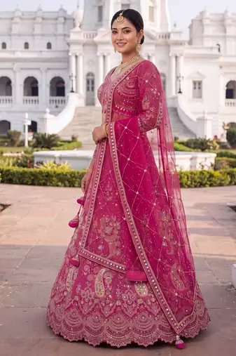 Premium Fuchsia Pink Embroidered Lehenga Choli with Zari Work and Net Dupatta – Elegant Wedding & Festive Ethnic Wear