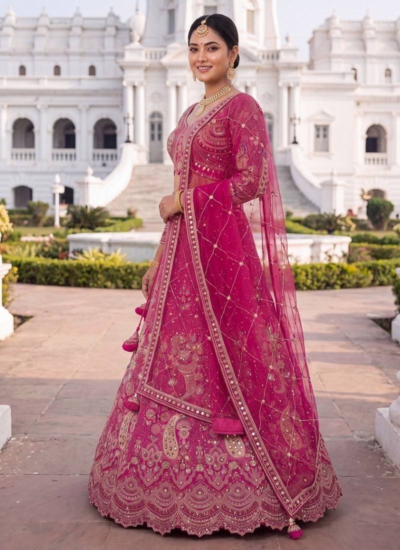 Premium Fuchsia Pink Embroidered Lehenga Choli with Zari Work and Net Dupatta – Elegant Wedding & Festive Ethnic Wear