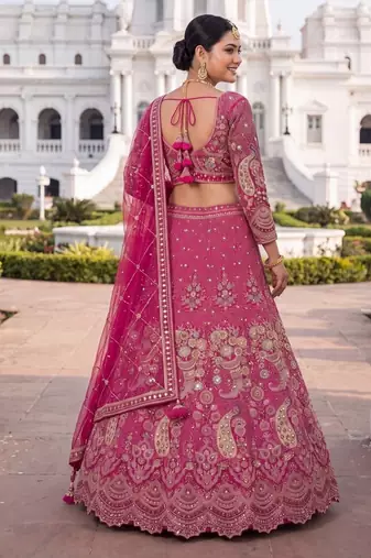 Premium Fuchsia Pink Embroidered Lehenga Choli with Zari Work and Net Dupatta – Elegant Wedding & Festive Ethnic Wear