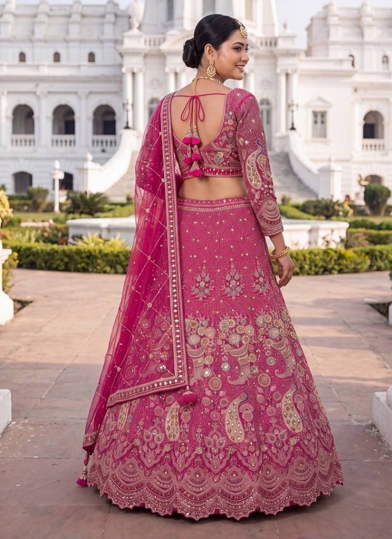 Premium Fuchsia Pink Embroidered Lehenga Choli with Zari Work and Net Dupatta – Elegant Wedding & Festive Ethnic Wear