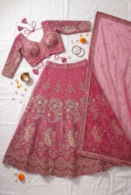 Premium Fuchsia Pink Embroidered Lehenga Choli with Zari Work and Net Dupatta – Elegant Wedding & Festive Ethnic Wear 4