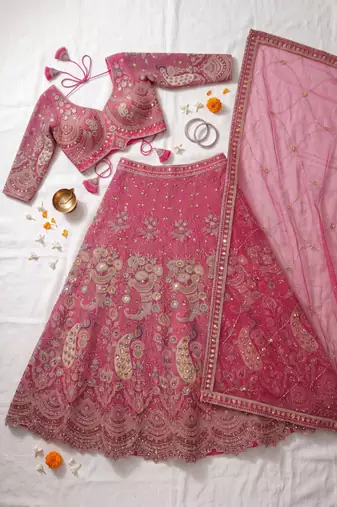 Premium Fuchsia Pink Embroidered Lehenga Choli with Zari Work and Net Dupatta – Elegant Wedding & Festive Ethnic Wear
